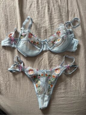 Light Blue Sheer Floral Embroidered Bra & Thong Set